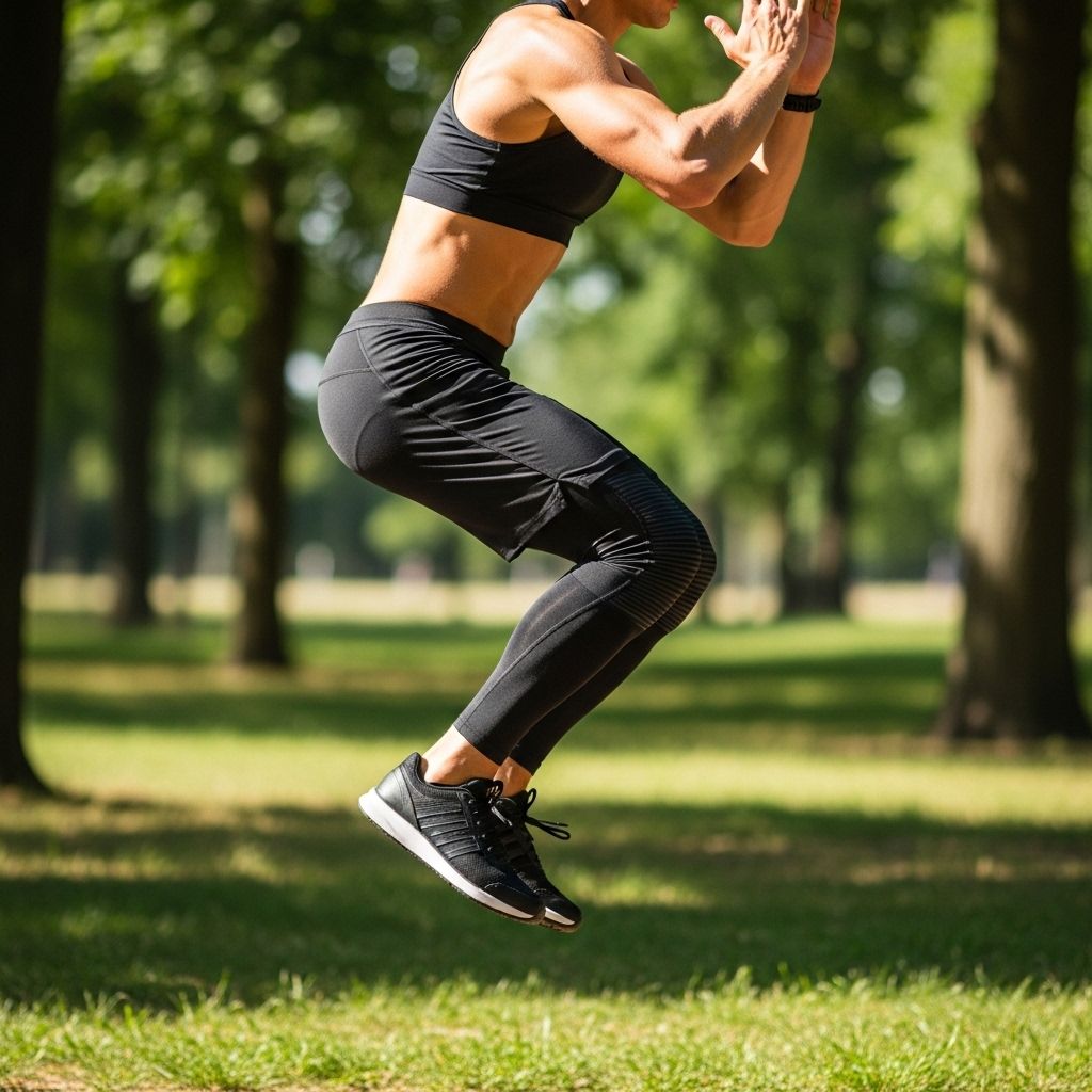 Osoba w sportowym stroju podczas treningu funkcjonalnego na świeżym powietrzu w parku, wykonująca ćwiczenie z ciężarem własnego ciała na naturalnym zielonym tle, zdjęcie dynamiczne i naturalne