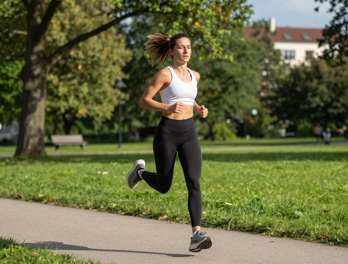 Kobieta jogging na parku z zielonym krajobrazem w tle, podczas wschodów słońca