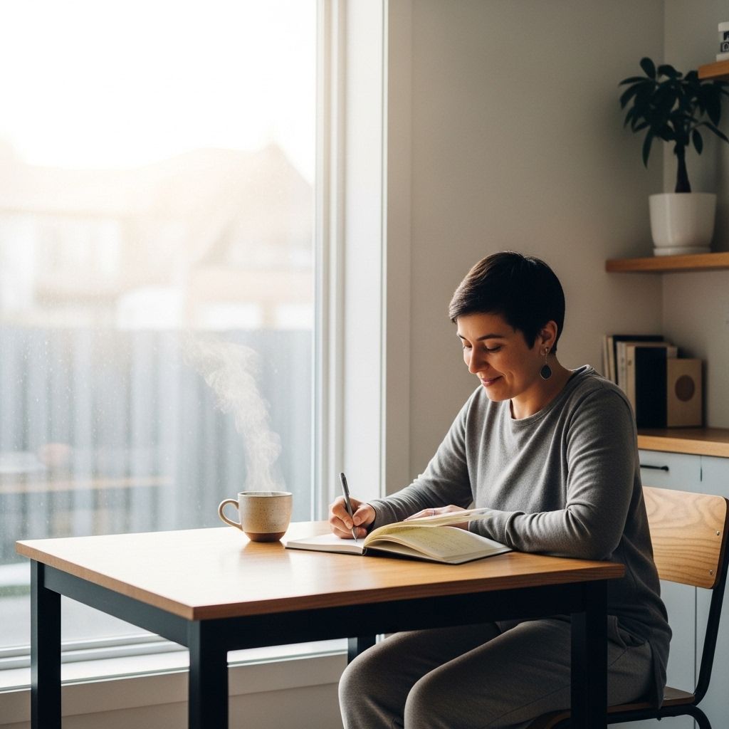 Osoba siedząca przy jasnym oknie z otwartym notatnikiem i filiżanką herbaty, planująca swój tydzień w spokojnej, minimalistycznej przestrzeni domowej symbolizującej świadome budowanie nawyków