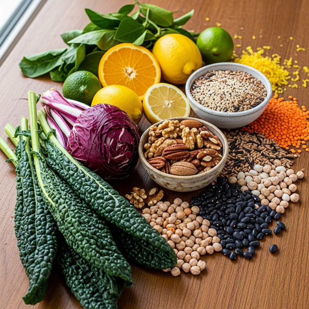 Kolorowa kompozycja zdrowych produktów spożywczych na drewnianym stole: świeże warzywa liściaste, owoce cytrusowe, orzechy, pełnoziarniste produkty zbożowe i strączki w naturalnym świetle dziennym